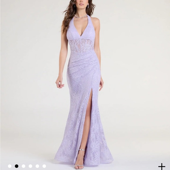 Cadie Halter Corset Slit Lace Prom Dress - Picture 1 of 6